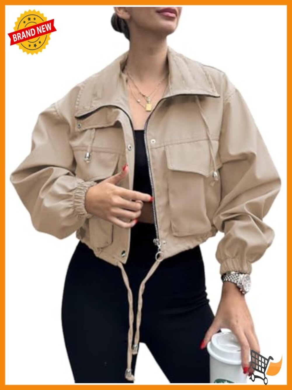 Womens Cropped Zip Up Lightweight Oversized Utility Anorak Jacket